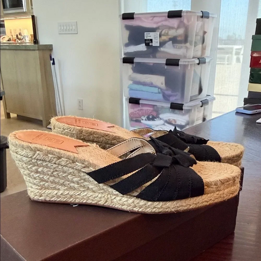 Stubbs & Wootton Black and Tan Espadrille Slides 38
